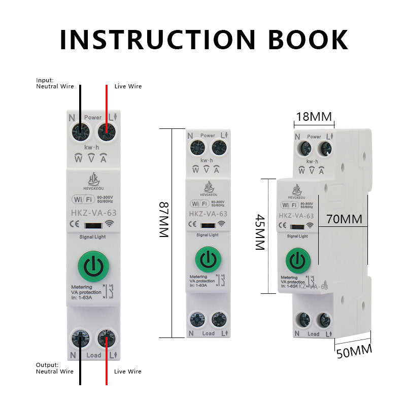 63A 1p+N WiFi Smart Switch with Energy Meter Kwh Metering Monitoring Timer Relay MCB Tuya Smartlife Voltage Current Protection