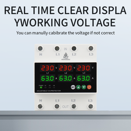 HEVGKEOU 3-Phase Adjustable Voltage/Current Protector | 230V 63A Three-Phase Voltage & Current Monitor | Over/Under Voltage & Overcurrent Protection Relay for Industrial Applications | Digital Display