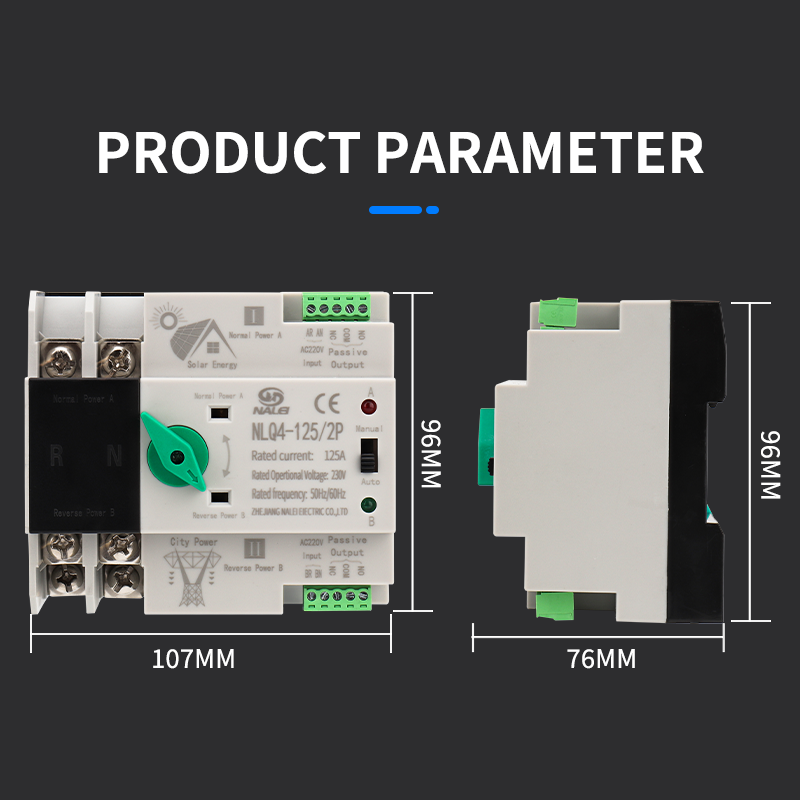 ATS 110V 125A 2P Automatic Transfer Switch | Solar/Utility/Generator Dual Power Source Switching | DIN Rail Mounting
