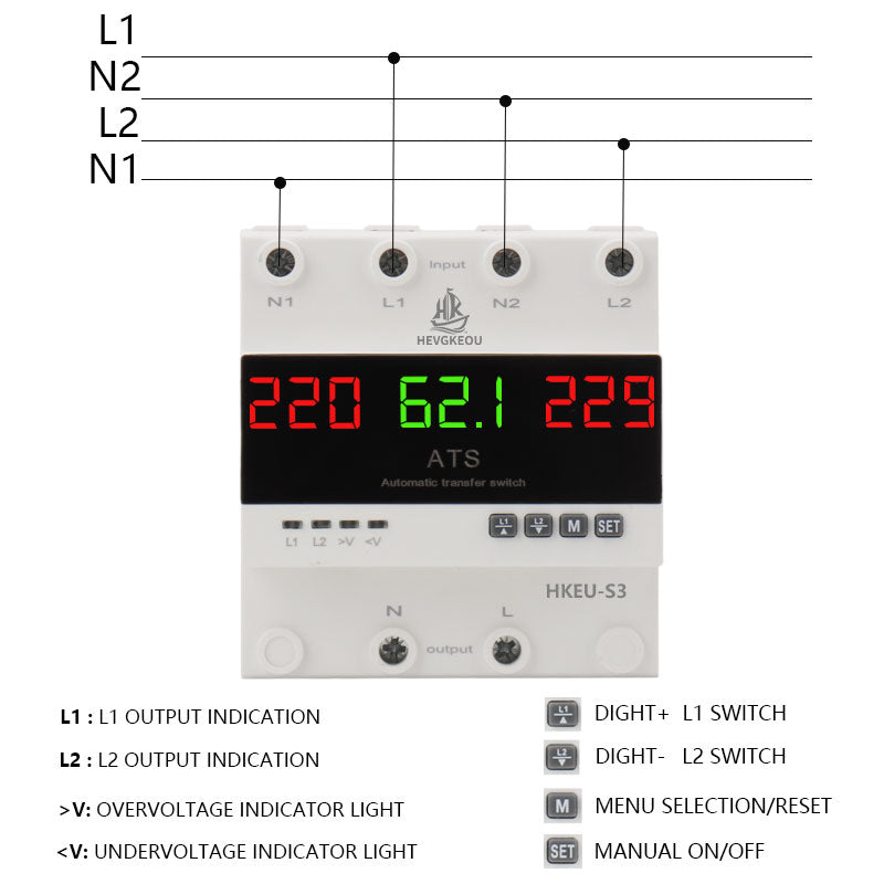 4 Pole 63A 100A 3-Phase ATS Automatic Transfer Switch, Dual Power Generator Changeover Switch with LED Digital Display - 230V DIN Rail Mounted