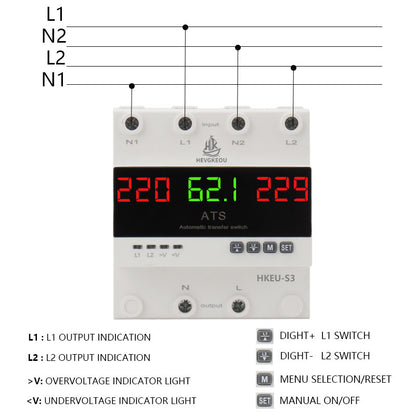 4 Pole 63A 100A 3-Phase ATS Automatic Transfer Switch, Dual Power Generator Changeover Switch with LED Digital Display - 230V DIN Rail Mounted