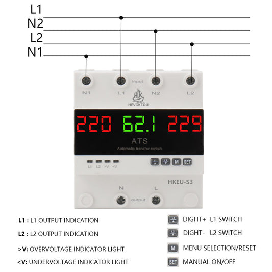 4 Pole 63A 100A 3-Phase ATS Automatic Transfer Switch, Dual Power Generator Changeover Switch with LED Digital Display - 230V DIN Rail Mounted