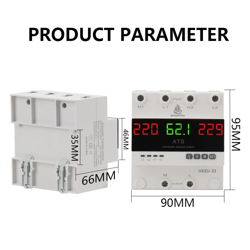 4 Pole 63A 100A 3-Phase ATS Automatic Transfer Switch, Dual Power Generator Changeover Switch with LED Digital Display - 230V DIN Rail Mounted
