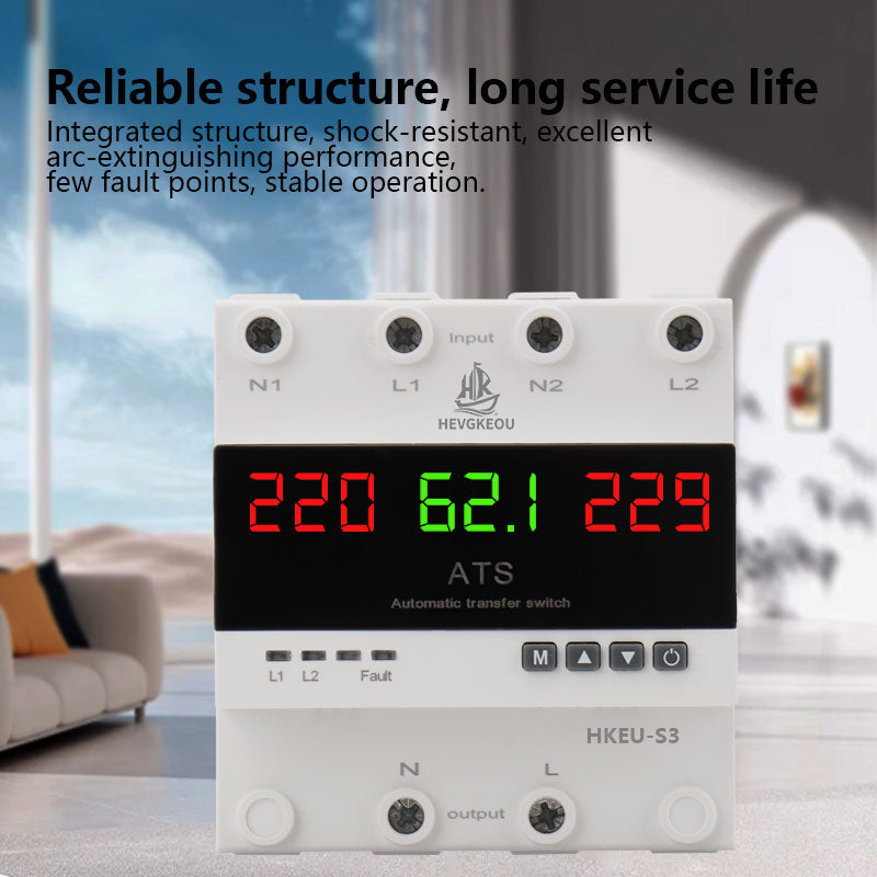 4 Pole 63A 100A 3-Phase ATS Automatic Transfer Switch, Dual Power Generator Changeover Switch with LED Digital Display - 230V DIN Rail Mounted