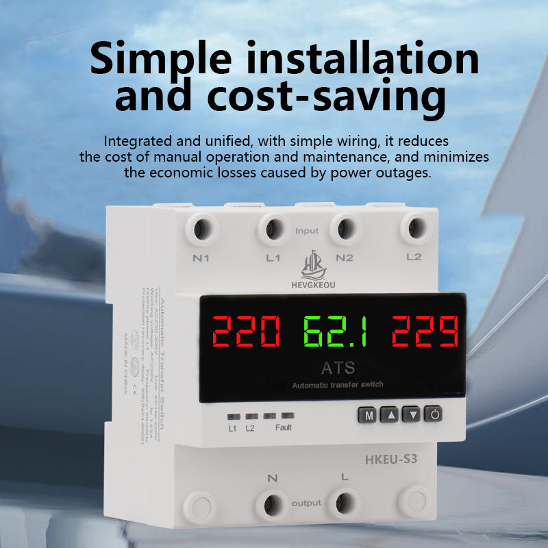 4 Pole 63A 100A 3-Phase ATS Automatic Transfer Switch, Dual Power Generator Changeover Switch with LED Digital Display - 230V DIN Rail Mounted