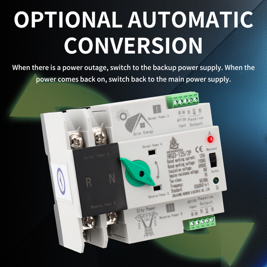 ATS 110V 125A 2P Automatic Transfer Switch | Solar/Utility/Generator Dual Power Source Switching | DIN Rail Mounting