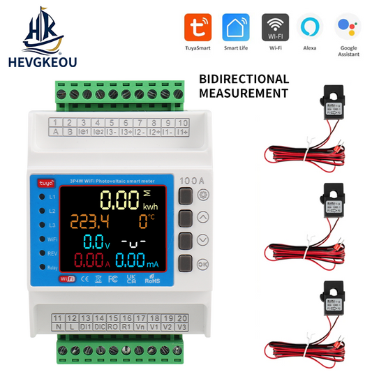 3 Phase Tuya WiFi Energy Meter with 3 CT Clamps | Smart Bi-Directional Monitor, Leakage/Over-Under Voltage Protector & Relay Switch