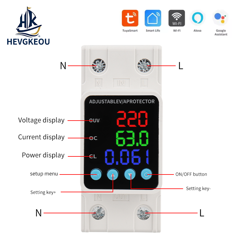 Adjustable Voltage/Current Protector HEVGKEOU | Digital Display for Voltage, Current & Power | Custom Overload Settings with One-Button Control