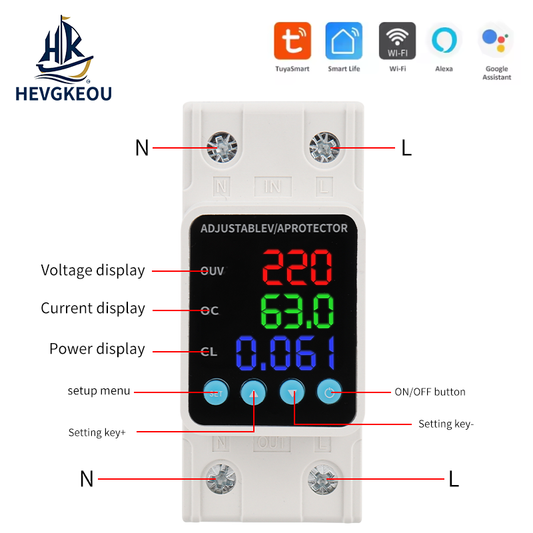 Adjustable Voltage/Current Protector HEVGKEOU | Digital Display for Voltage, Current & Power | Custom Overload Settings with One-Button Control