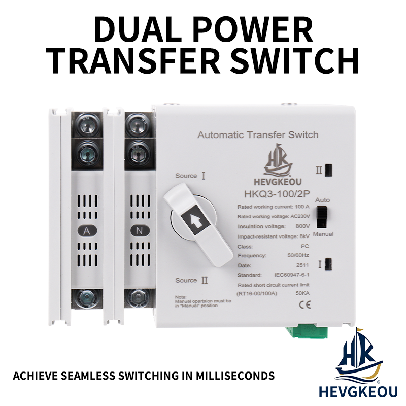 2P 100A Automatic Transfer Switch (ATS) | 230VAC Dual Power Changeover | Auto/Manual with Seamless Millisecond Switching | DIN Rail