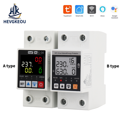 TUYA WiFi Earth Leakage Protector 63A | Smart Over/Under Voltage Relay Switch with Energy kWh Meter for Home & Industry | Alexa/Google Home Compatible RCBO