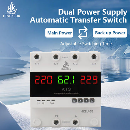 4 Pole 63A 100A 3-Phase ATS Automatic Transfer Switch, Dual Power Generator Changeover Switch with LED Digital Display - 230V DIN Rail Mounted