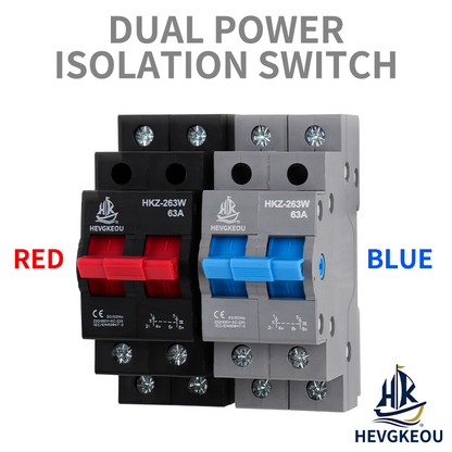 Hkz-263W 2p 63A Double Power Isolation Switch Red/Blue 230VAC 50/60Hz Dual Power Isolator Interrupter CE Certified for Safe Source Selection