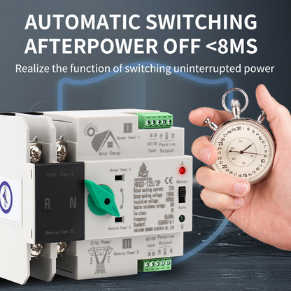 ATS 110V 125A 2P Automatic Transfer Switch | Solar/Utility/Generator Dual Power Source Switching | DIN Rail Mounting