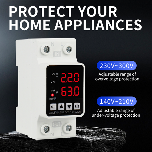Adjustable Single-Phase Voltage Protector 220V 63A | Digital Voltage & Current Monitor with Over/Under Protection | Voltage Monitoring Relay for Home Appliances, HVAC & Pumps | DIN Rail Mount
