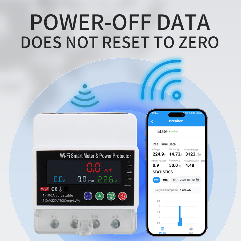 100A Tuya WiFi Smart Breaker with Timer | Overload/Voltage Protection & PV Bidirectional Metering for Solar Systems