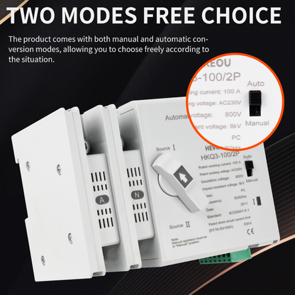 2P 100A Automatic Transfer Switch (ATS) | 230VAC Dual Power Changeover | Auto/Manual with Seamless Millisecond Switching | DIN Rail