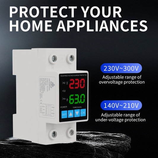 Adjustable 3-in-1 Protection Relay | DIN Rail Mount for Over/Under Voltage & Over Current | 40A/63A 230V AC | Voltage Monitoring Relay for Motors, Pumps & HVAC Equipment