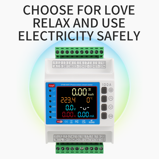 3 Phase Tuya WiFi Energy Meter with 3 CT Clamps | Smart Bi-Directional Monitor, Leakage/Over-Under Voltage Protector & Relay Switch