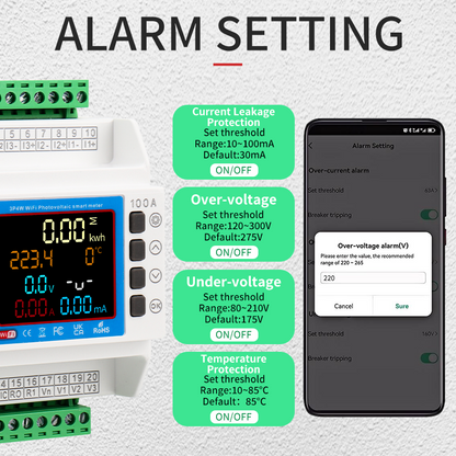 3 Phase Tuya WiFi Energy Meter with 3 CT Clamps | Smart Bi-Directional Monitor, Leakage/Over-Under Voltage Protector & Relay Switch