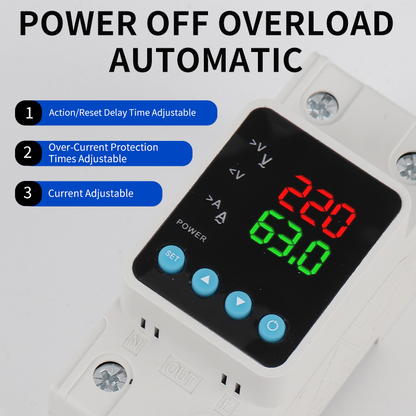Adjustable Voltage/Current Protector HEVGKEOU | Digital Display for Voltage, Current & Power | Custom Overload Settings with One-Button Control