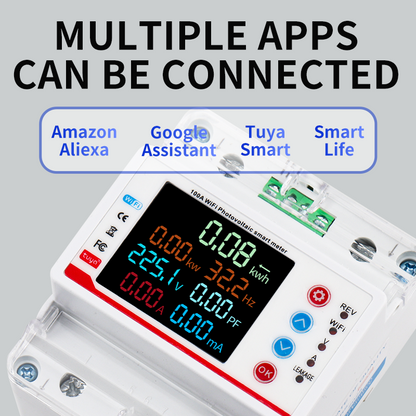 Tuya WiFi Single Phase Energy Meter 100A | Bi-Directional Prepaid kWh Monitor with Auto-reclosing & Voltage Protection | Smart Electricity Meter for Solar Net Metering & Prepaid Energy Management