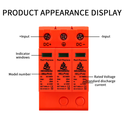 DC Surge Protective Device (SPD) A/B Type HKB/HKU-PV40 3P 40kA DC1000V Lightning Arrester - Red=Replace Indicator, CE Certified